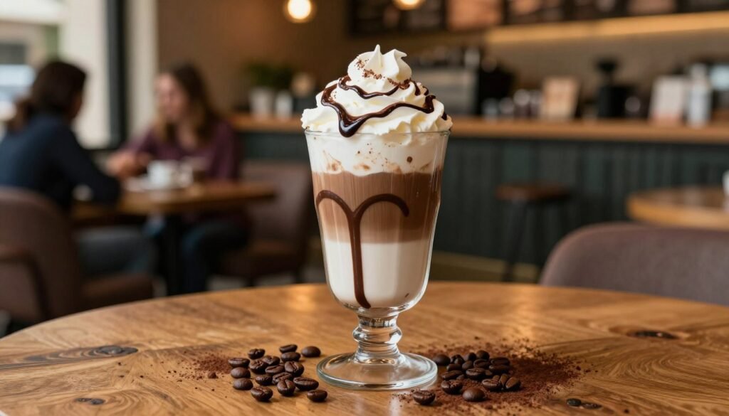 A close-up shot of a beautifully crafted white chocolate mocha with a ristretto base, artfully topped with delicate whipped cream and drizzled with rich chocolate syrup. The drink is presented in an elegant glass, surrounded by coffee beans and a sprinkle of cocoa powder on a rustic wooden table. In the background, a cozy coffee shop ambiance with warm lighting, featuring a blurred view of customers enjoying their drinks, and inviting soft furnishings. The colors are warm and rich, emphasizing the creamy tones of the mocha against the dark coffee beans. The atmosphere is welcoming and vibrant, suggesting a fusion of global coffee culture with local tastes in Turkey, perfect for illustrating the diversity of Starbucks offerings.