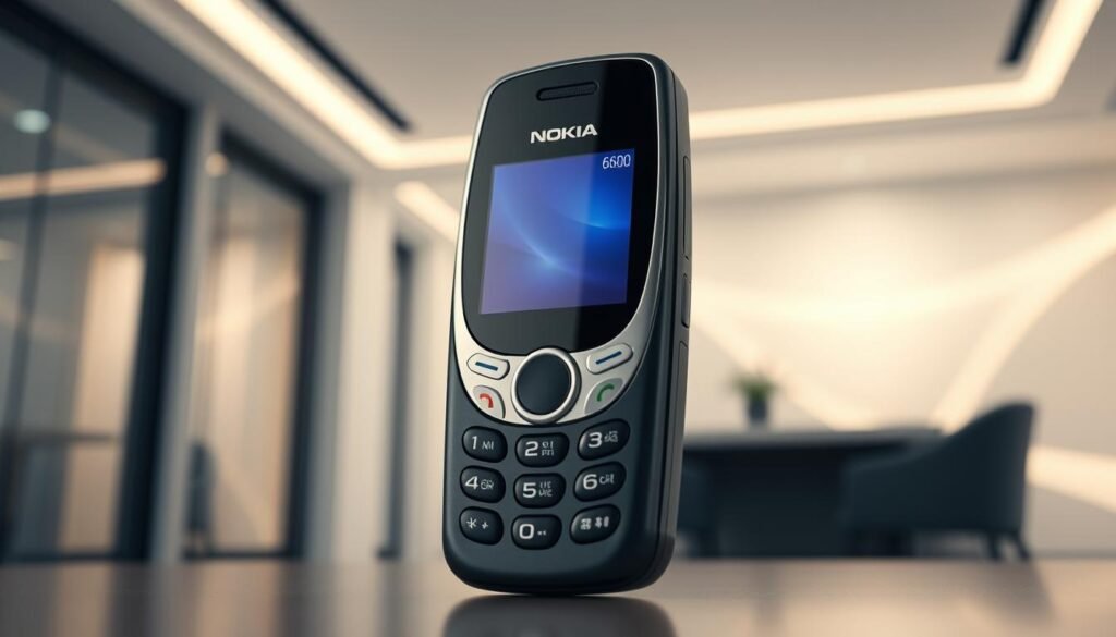 A close-up view of the Nokia 6600 mobile phone, showcasing its sleek design and premium finish. The phone should be centered in the foreground, highlighting its classic curves, distinctive round keypad, and vibrant display. The background features a minimalistic, softly blurred abstract corporate setting with subtle geometric shapes to create a modern atmosphere. Soft, diffused studio lighting enhances the phone's details, giving a polished look. The angle should be slightly above eye level, capturing the phone's elegance and functionality, evoking a sense of nostalgia for early 2000s technology. Aim for an 8k resolution for crisp details and a clean aesthetic, with no text or additional elements.