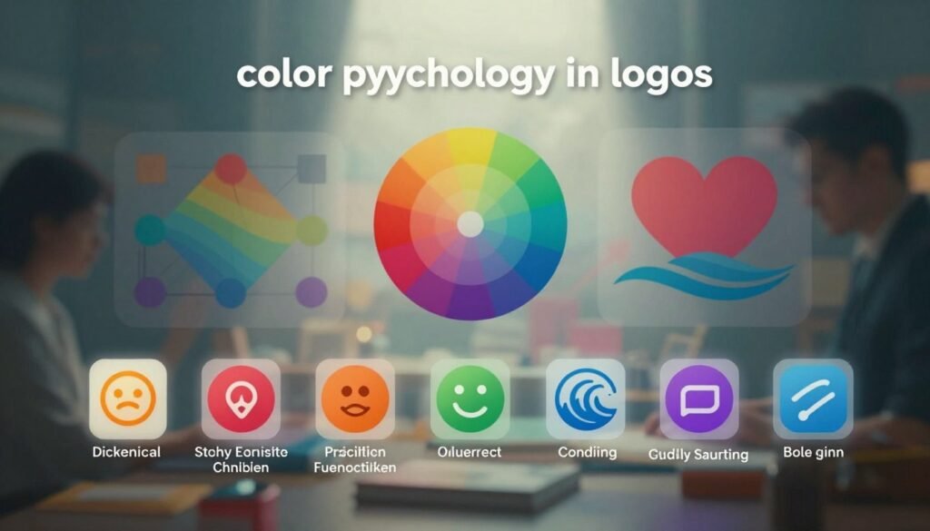 A conceptual branding image depicting "color psychology in logos." In the foreground, a series of vibrant logo designs showcasing diverse color palettes, each accompanied by relevant psychological meanings. The middle ground features abstract representations of color theory elements, such as color wheels and gradients, artistically blended with symbolic icons representing emotions – like a heart for love or a wave for calmness. The background creates a blurred, dreamy atmosphere with soft, diffused lighting to evoke creativity and inspiration. The scene captures a sense of professionalism and artistry with a cinematic feel, utilizing a shallow depth of field to focus on the logos while softly fading the surroundings. The color contrasts are vivid and engaging, promoting a reflective mood on the interplay of color, typography, and design in branding.