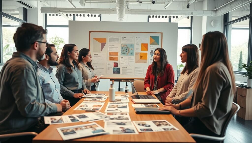 A creative workspace showcasing effective guerrilla marketing tips on a low budget. In the foreground, a diverse group of professionals in modest casual clothing discuss innovative marketing strategies over a table filled with marketing materials, like flyers and mock-up ads. In the middle, a large, visually appealing brainstorming board displays abstract geometric shapes and minimalist designs, symbolizing fresh ideas. In the background, a bright and airy office environment with large windows allows natural light to illuminate the scene, creating an inspiring atmosphere. The angle captures both the excitement of collaboration and the thoughtful approach to budget-friendly marketing, emphasizing a sense of innovation and teamwork. A creative workspace showcasing effective guerrilla marketing tips on a low budget. In the foreground, a diverse group of professionals in modest casual clothing discuss innovative marketing strategies over a table filled with marketing materials, like flyers and mock-up ads. In the middle, a large, visually appealing brainstorming board displays abstract geometric shapes and minimalist designs, symbolizing fresh ideas. In the background, a bright and airy office environment with large windows allows natural light to illuminate the scene, creating an inspiring atmosphere. The angle captures both the excitement of collaboration and the thoughtful approach to budget-friendly marketing, emphasizing a sense of innovation and teamwork.