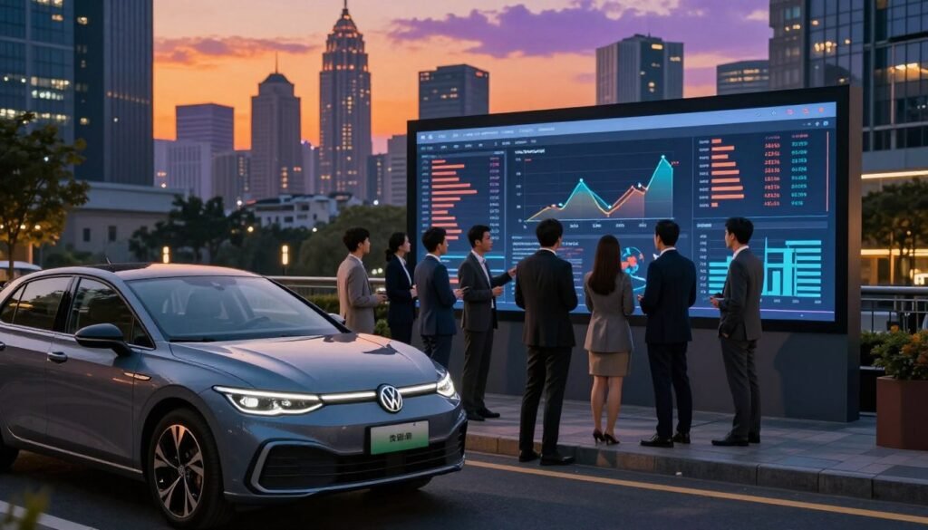 A dynamic and visually striking analysis scene depicting the competitive landscape of Volkswagen in the automotive industry. In the foreground, showcase a modern, sleek Volkswagen vehicle parked on a city street, symbolizing growth and innovation. The middle ground features a diverse group of professionals in business attire gathered around a digital display board, analyzing data and graphs on regional sales performance and competition. The background should include a city skyline at dusk, with vibrant orange and purple hues reflecting in the buildings, adding depth and a sense of ambition to the composition. Use warm and cinematic lighting to create an engaging atmosphere, highlighting the contrast between the subjects and their environment. Capture the scene from a slightly elevated angle to emphasize the interaction and tension in the competitive analysis.