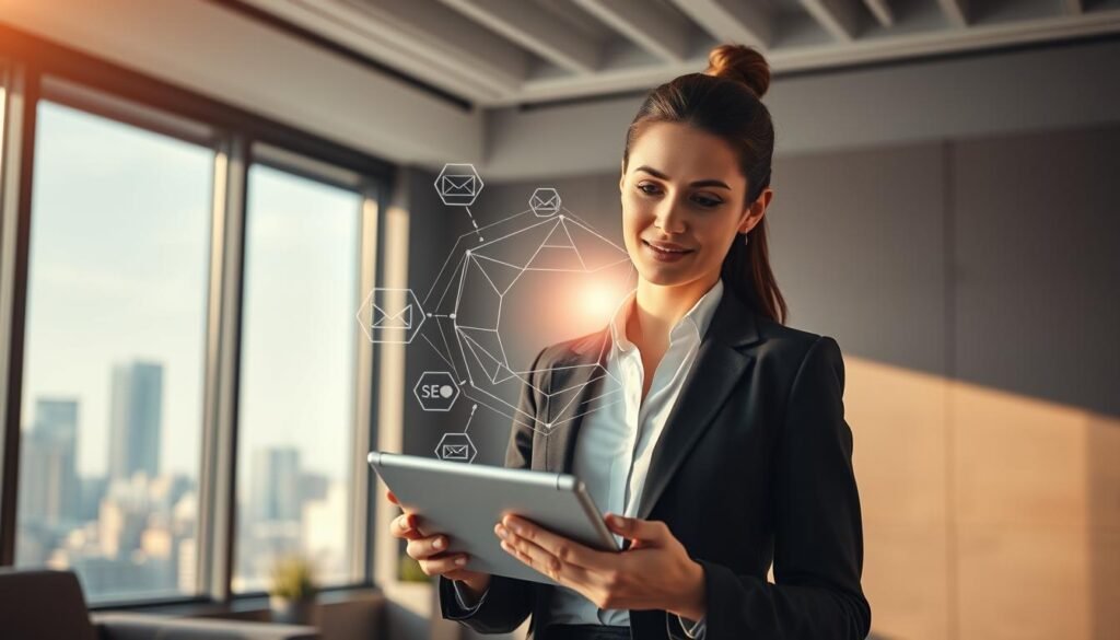 A dynamic digital marketing strategy concept in a professional corporate setting. Foreground: A confident businesswoman in smart business attire, engaged in planning on a sleek digital tablet, has an expression of focus and creativity. Middle ground: An abstract geometric overlay symbolizing various digital marketing channels like social media, email campaigns, and SEO, softly illuminated. Background: A minimalist office environment with a large window revealing a city skyline, bathed in warm, golden morning light for a motivational atmosphere. The setting should reflect a high-quality, premium brand identity, emphasizing modernity and innovation, with soft shadows creating depth and dimension. The overall mood is inspiring and professional, suitable for luxury brand management discussions.