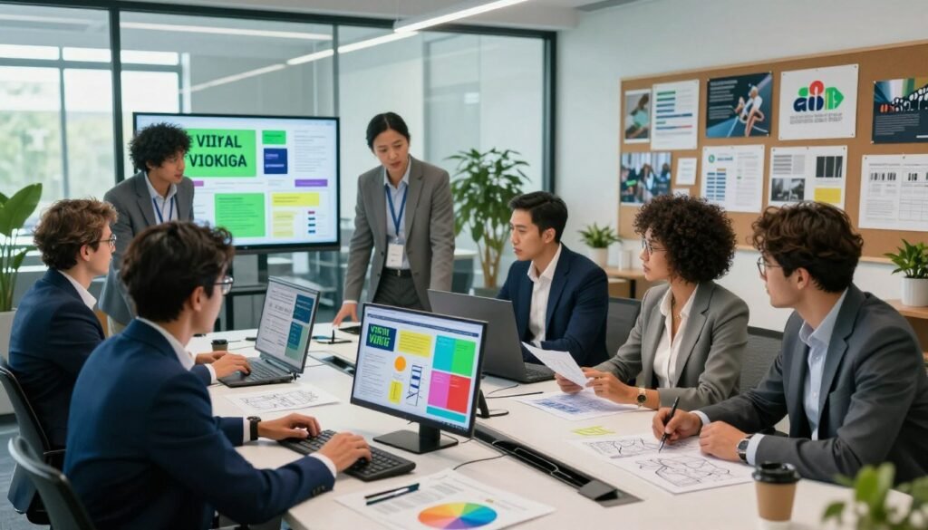 A dynamic, photorealistic office setting that illustrates viral marketing examples. In the foreground, a diverse group of professionals in business attire collaborate around a sleek conference table, analyzing colorful design sketches and vibrant color palettes on digital screens. The middle ground features a large glass window that allows natural light to flood the space, highlighting modern decor and innovative marketing materials pinned on a bulletin board. In the background, subtle branding elements can be seen, such as logos and promotional images mounted on the walls. The atmosphere is energetic and creative, with a blend of deep blue and bright green colors dominating the scene, evoking a sense of inspiration and teamwork. The angle is slightly elevated, providing a comprehensive view of the collaborative environment.