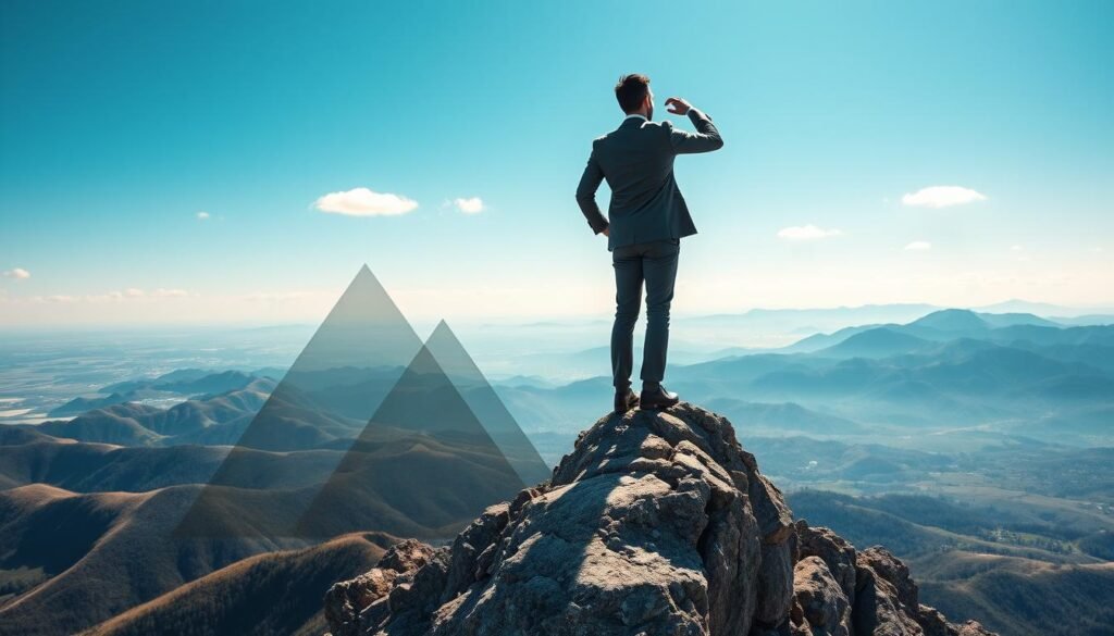 A dynamic visual representation of the "Explorer" archetype in branding, featuring a confident, professional figure in minimalist business attire, standing on a rugged mountain peak, gazing out at a vast landscape. In the foreground, the figure embodies a spirit of adventure and freedom, with an open posture that exudes curiosity. The middle ground includes abstract geometric shapes symbolizing innovation and exploration, gently merging into the background, which depicts rolling hills and distant mountains under a bright blue sky with a few fluffy clouds. Soft, natural lighting casts gentle shadows that enhance the atmosphere of discovery and possibility, creating a sense of aspiration and forward movement. The overall mood is uplifting and adventurous, capturing the essence of the Explorer archetype in a corporate context.