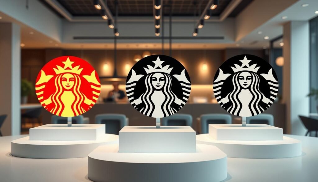 A dynamic visual representation of the evolution of the Starbucks logo, showcasing several key stages in its design journey. In the foreground, feature three prominent variations of the logo in vibrant colors, each situated on a sleek, minimalistic display pedestal, highlighting their unique characteristics. The middle layer should depict subtle transitions in the logo designs, with fluid, abstract shapes interwoven to symbolize the progression over time. In the background, a soft-focus, modern café environment hints at the brand’s ambiance, illuminated by elegant studio lighting that creates a warm, inviting atmosphere. The image is rendered in stunning 8k resolution, emphasizing a clean, professional look with no text or distractions, set against a neutral backdrop to enhance the logos' details.