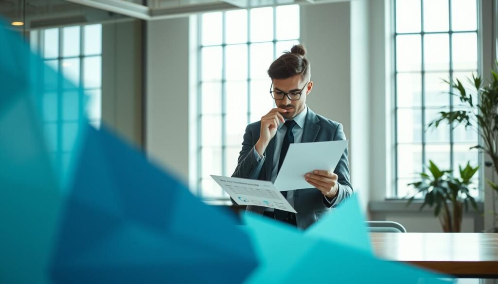 A minimalist corporate brand identity concept focused on "brand voice tone determination tips." In the foreground, include abstract geometric shapes in soft blues and greens, symbolizing clarity and communication. The middle layer features a professional individual in business attire, thoughtfully analyzing notes or charts that represent tonal qualities. The background consists of a polished office scene with large windows allowing natural light to flood the space, creating a bright and inviting atmosphere. The composition should evoke a sense of professionalism and creativity, emphasizing the importance of selecting the right brand voice tone. Use a wide-angle lens to capture the depth of the scene, ensuring a clean and polished look without clutter.