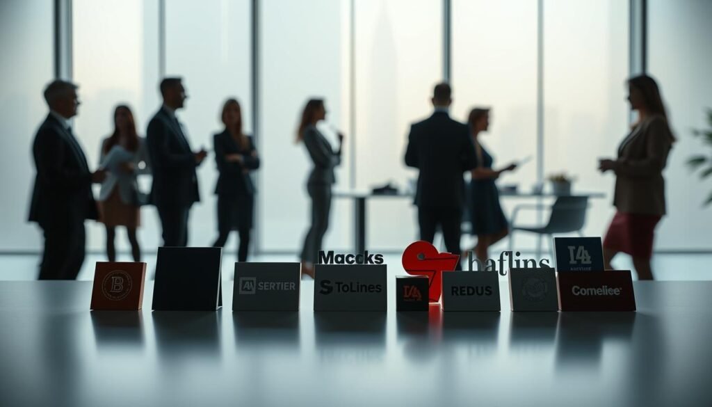 A minimalist corporate brand identity representation, focusing on abstract geometric shapes and vibrant colors symbolizing impactful taglines and slogans. In the foreground, a sleek, modern table displays a variety of iconic logos and brand elements, subtly arranged to showcase creativity. The middle ground features silhouettes of diverse professionals in business attire engaging in collaborative discussions, reflecting the importance of strong brand messaging. The background is a softly blurred office setting with large windows allowing natural light to flood in, creating an uplifting and inspirational atmosphere. The composition should capture a professional, dynamic mood that emphasizes the power of effective brand promises through visual creativity.