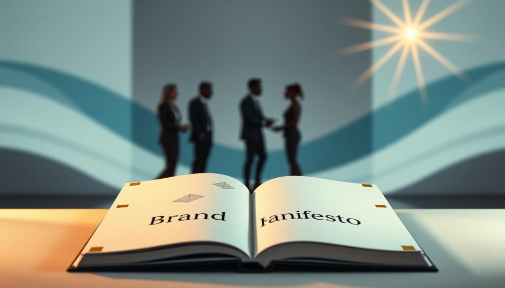 A minimalist corporate brand identity scene depicting a brand manifesto in an elegant, abstract setting. In the foreground, a sleek, open notebook with golden accents displays the words 'Brand Manifesto' surrounded by geometric shapes symbolizing core values and identity. The middle ground features soft, blurred silhouettes of professionals in business attire, engaged in a dynamic discussion, underscoring collaboration and vision. The background consists of an abstract design with soft gradients of blue and white, suggesting innovation and clarity. The lighting is warm and inviting, creating a professional yet inspiring atmosphere, with a subtle lens flare effect to enhance the overall composition. The scene embodies a strong sense of purpose and authenticity without any text or watermarks.