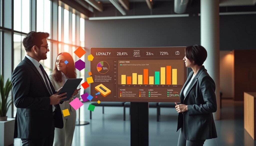 A minimalist corporate scene illustrating effective loyalty programs and reward strategies. In the foreground, a diverse group of three business professionals in smart attire, discussing and analyzing colorful abstract geometric shapes representing loyalty points and rewards. The middle ground features a sleek digital dashboard displaying visual metrics of customer engagement and loyalty tiers, illuminated by soft, warm lighting. The background showcases a modern office environment with large windows, allowing gentle natural light to illuminate the space, enhancing a sense of optimism and professionalism. The atmosphere conveys collaboration and innovation, emphasizing the importance of brand loyalty strategies in transforming customers into enthusiastic advocates. Focus on high-quality, clean lines, and subtle depth to create an engaging image that inspires.