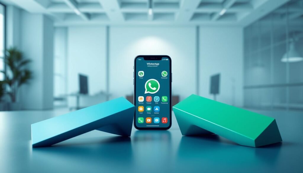 A modern, abstract representation of privacy and alternative communication methods symbolizing WhatsApp alternatives. In the foreground, sleek, 3D geometric shapes in a corporate palette of blues and greens, suggesting security and technology. The middle ground features a soft-focus representation of a smartphone displaying app icons related to privacy and messaging alternatives. The background is a minimalist office environment, softly lit by studio lighting, enhancing a professional atmosphere. The composition should evoke a sense of clarity and safety, reflecting the importance of privacy settings and alternative options in digital communication, rendered in sharp 8k resolution for a clean and polished look.