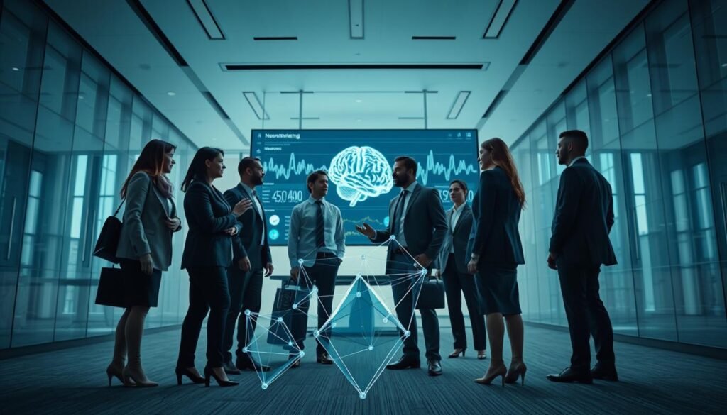 A modern corporate office environment showcasing applied neuromarketing techniques. In the foreground, a diverse group of professionals in business attire interact with abstract geometric shapes representing marketing strategies. The middle ground features a large, digital screen displaying brainwave patterns and marketing data analytics. The background depicts a sleek, minimalist office with glass walls and soft lighting to create a calm atmosphere. Use a low-angle perspective to emphasize the professionalism and innovative atmosphere. The mood is dynamic yet focused, reflecting the cutting-edge nature of neuromarketing. Ensure a clean, professional aesthetic without any text, logos, or distractions. A modern corporate office environment showcasing applied neuromarketing techniques. In the foreground, a diverse group of professionals in business attire interact with abstract geometric shapes representing marketing strategies. The middle ground features a large, digital screen displaying brainwave patterns and marketing data analytics. The background depicts a sleek, minimalist office with glass walls and soft lighting to create a calm atmosphere. Use a low-angle perspective to emphasize the professionalism and innovative atmosphere. The mood is dynamic yet focused, reflecting the cutting-edge nature of neuromarketing. Ensure a clean, professional aesthetic without any text, logos, or distractions.