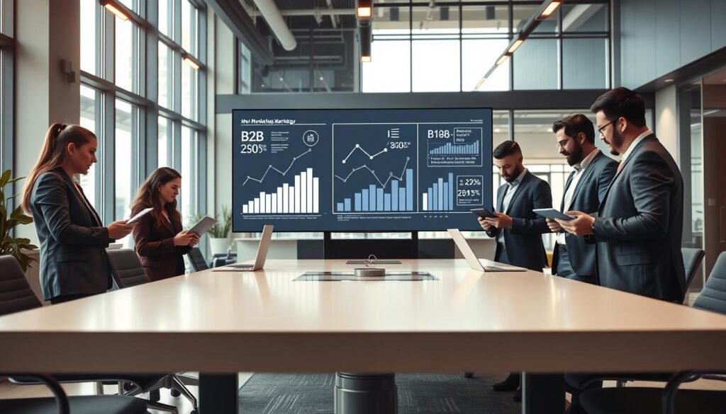 A modern corporate office space illustrating the integration of B2B and B2C marketing strategies. In the foreground, a group of diverse professionals in smart business attire collaborate around a sleek conference table, analyzing data on tablets and laptops. The middle ground features a large digital screen displaying minimalist graphs and abstract geometric shapes representing data flow and marketing strategies. The background reveals a stylish, open office environment with large windows allowing natural light to flood in, casting soft shadows. The atmosphere is dynamic and focused, conveying a sense of innovation and teamwork in a professional setting. Capture this scene with warm lighting, a wide-angle lens, and a balanced composition to evoke a feeling of trust and authority.
