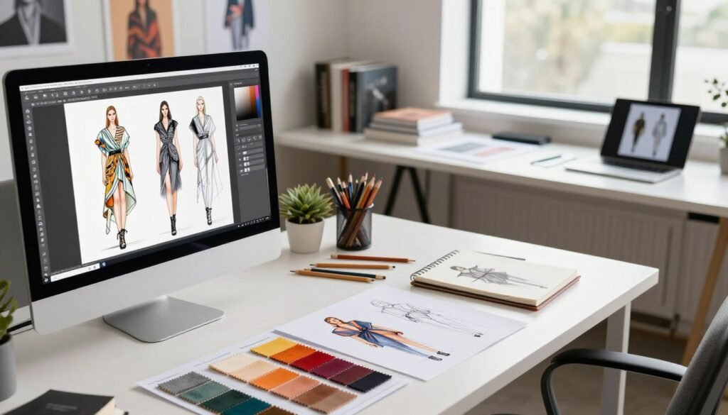 A modern fashion collection management scene showcasing sleek design sketches and vibrant color palettes spread across a stylish workspace. In the foreground, a digital screen displays a fashion design software with intricate patterns, while elegant fabric swatches lie neatly arranged. The middle ground features a minimalist office desk, with tools like pencils, a sketchbook, and a laptop open to a fashion trend analysis. The background presents a large window with natural light streaming in, illuminating the contemporary decor of the office, adorned with fashion books and inspirational posters. The atmosphere is innovative and professional, embodying a sense of creativity and forward-thinking in fashion design. High-resolution with soft shadows for depth, captured at eye level to emphasize the workspace dynamic.