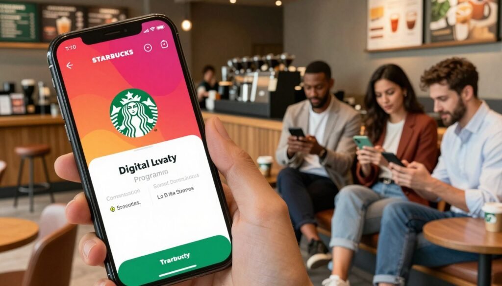A modern mobile application interface displayed prominently in the foreground, showcasing the Starbucks digital loyalty program with vibrant colors and sleek design elements. In the middle ground, a diverse group of professional individuals interact with their smartphones, dressed in smart casual to business attire, embodying the casual yet sophisticated brand image of Starbucks. The background reveals a stylish Starbucks café environment with warm lighting, inviting furniture, and coffee brewing in action, enhancing the ambiance. The scene is captured from a slight angle to highlight the app on the phone and the engaged users, creating a dynamic atmosphere that reflects the digital transformation strategy in Turkey.