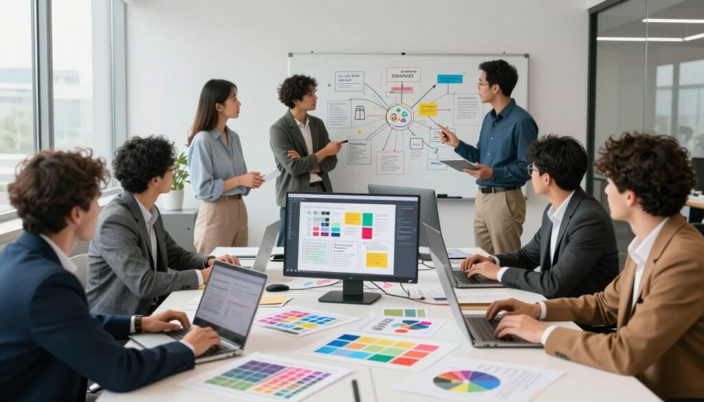 A modern office environment featuring a large table cluttered with colorful design sketches, vibrant color palettes, and open digital screens displaying various content ideas and brainstorming notes. In the foreground, a diverse group of professionals in business attire, engaged in a collaborative discussion, sharing insights while considering innovative content strategies. The middle ground showcases a whiteboard filled with mind maps and diagrams illustrating content topic generation techniques. The background has large windows allowing natural light to flood the room, creating an inspiring and inviting atmosphere. The composition should capture a sense of productivity and creativity, with a clean and well-organized layout that accents the theme of content marketing strategies in social media.