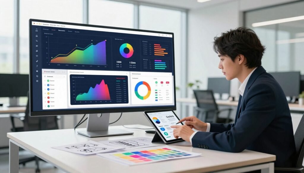 A modern office environment with a large digital screen displaying various social media analytics dashboards, showcasing colorful graphs, charts, and statistics. The foreground features a sleek, minimalist desk with design sketches and color palettes scattered across it, implying the creative process behind social media analysis tools. In the middle, a person in professional business attire is engaged with a tablet, analyzing data with a focused expression. The background includes large windows letting in bright, natural light, creating an inspiring atmosphere. Capture the essence of technology and creativity in social media analysis with a photorealistic style, ensuring a vibrant yet professional mood that highlights the features and options available in social media analytics tools.