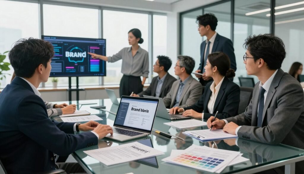 A modern office scene showcasing the legal and technical processes involved in brand creation. In the foreground, a large conference table made of sleek glass, with a laptop showing a detailed digital presentation on branding strategies. Scattered across the table are design sketches, color palettes, and legal documents. In the middle ground, a diverse group of professionals in business attire are engaged in a discussion, pointing at the screen. In the background, large windows flood the room with natural light, illuminating the contemporary design of the office and the digital screens displaying dynamic branding graphics. The atmosphere is collaborative and focused, reflecting a serious yet innovative approach to the branding process. The overall mood is professional and inspiring.