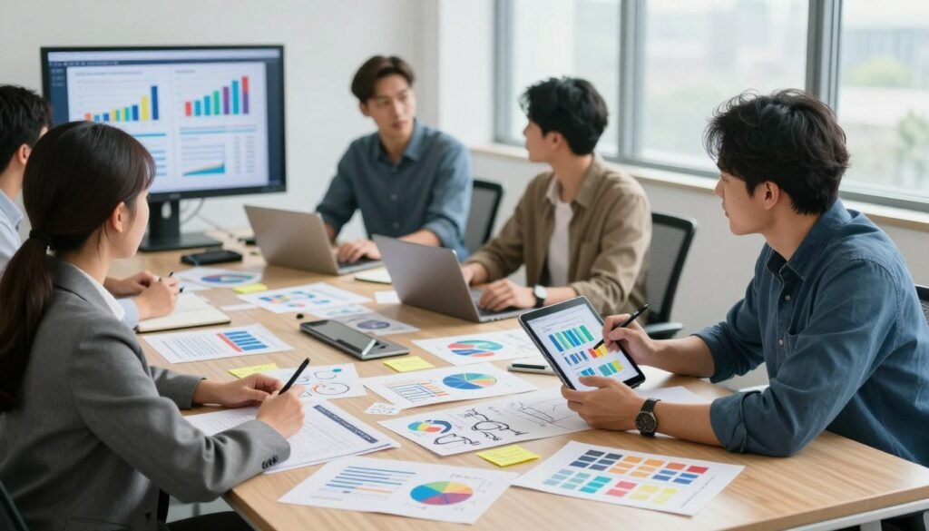 A modern office setting with a diverse group of professionals engaged in market research. In the foreground, a woman in business attire analyzes data on a digital screen, showing colorful graphs and charts. Beside her, a man sketches branding ideas and color palettes on a tablet, emphasizing creativity in branding. In the middle, a large conference table is cluttered with design sketches, sticky notes, and business reports detailing target audience insights. The background features large windows letting in soft natural light, creating a bright and inviting atmosphere. The overall mood is focused and collaborative, reflecting the importance of market research in brand creation.