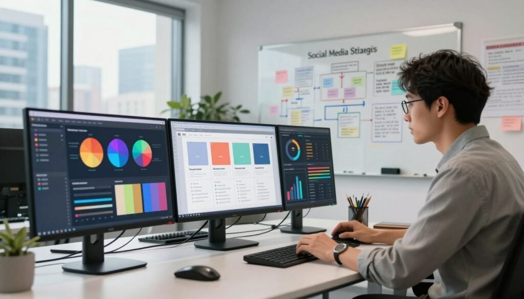 A modern office space depicting effective social media management strategies. In the foreground, a sleek desk showcasing digital screens with social media analytics and design sketches, including color palettes related to branding. A professional individual, dressed in smart casual attire, is intently reviewing the screens, reflecting engagement with social media strategies. In the middle ground, a whiteboard filled with brainstorming notes and flowcharts illustrates various social media strategies. The background features large windows with a vibrant cityscape, allowing natural light to fill the room, creating an energetic and innovative atmosphere. The scene captures a collaborative and futuristic vibe, perfect for conveying the importance of effective social media management.