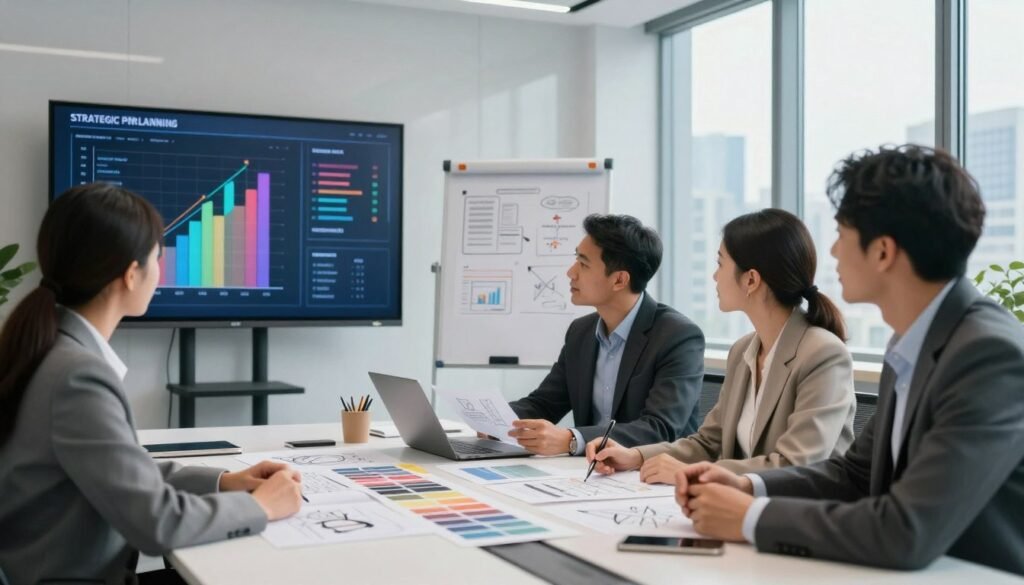 A modern office space that embodies strategic PR planning, featuring a large digital screen displaying colorful graphs and analytics. In the foreground, a diverse group of three professionals, dressed in smart business attire, actively discussing over design sketches and color palettes spread out on a sleek conference table. The middle ground showcases a whiteboard filled with strategic notes and ideas, while the background features large windows revealing a city skyline under bright, natural lighting. The atmosphere is energetic and collaborative, conveying a sense of innovation and focus on effective PR strategy development and application. Soft shadows enhance the realism, capturing the essence of a productive brainstorming session in an upscale corporate environment.