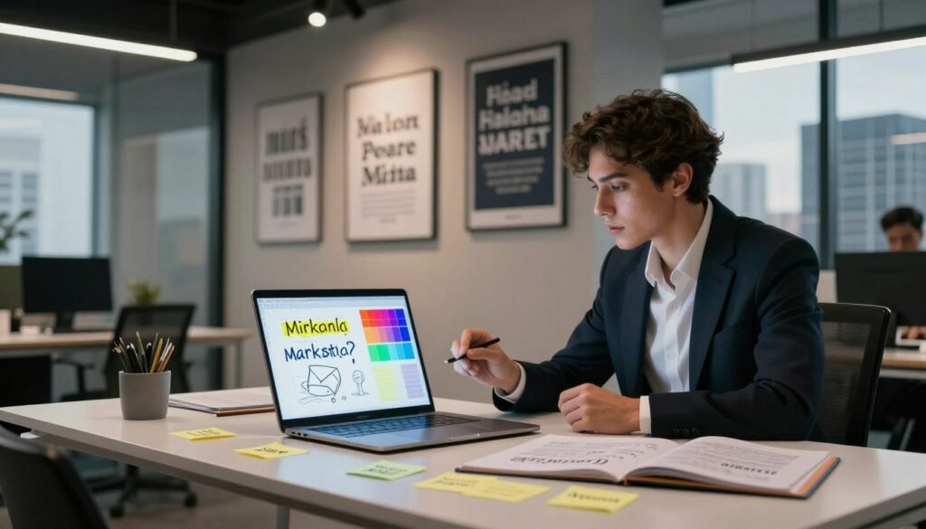 A modern office workspace featuring a sleek desk with a glowing laptop displaying vibrant design sketches and color palettes of famous brand slogans. In the foreground, a stylish businessperson in professional attire, engaged in focused brainstorming, surrounded by sticky notes featuring iconic slogans. The middle ground showcases a contemporary wall adorned with framed posters of memorable brand slogans, conveying the power of branding. Soft, ambient lighting creates an inspiring atmosphere, with warm tones highlighting creativity and innovation. The background features glass windows revealing a city skyline, symbolizing the pulse of the business world. Capture the essence of marketing prowess while maintaining a polished and professional environment.