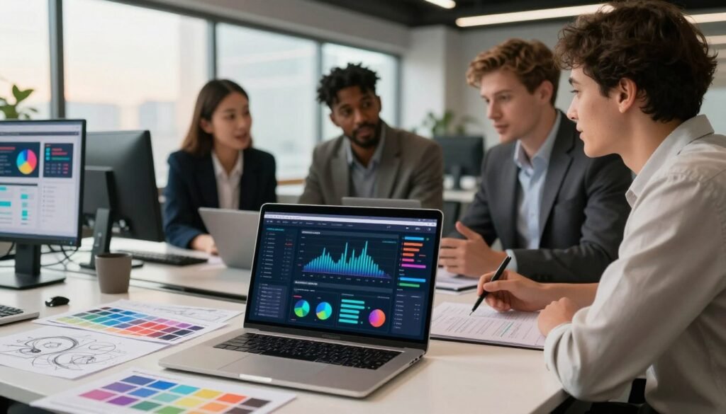 A modern office workspace showcasing the essence of Digital PR and Social Media. In the foreground, a sleek laptop displays vibrant social media dashboards with analytics graphs and digital marketing content. Scattered around are design sketches, color palettes, and digital screens displaying branding elements. The middle ground features a team of three diverse professionals dressed in smart business attire, engaged in a collaborative discussion; their expressions are focused and enthusiastic. The background reveals a stylish office environment with large windows letting in warm, natural light, enhancing the atmosphere of creativity and innovation. The overall mood is dynamic and professional, emphasizing the importance of digital communication in modern public relations.