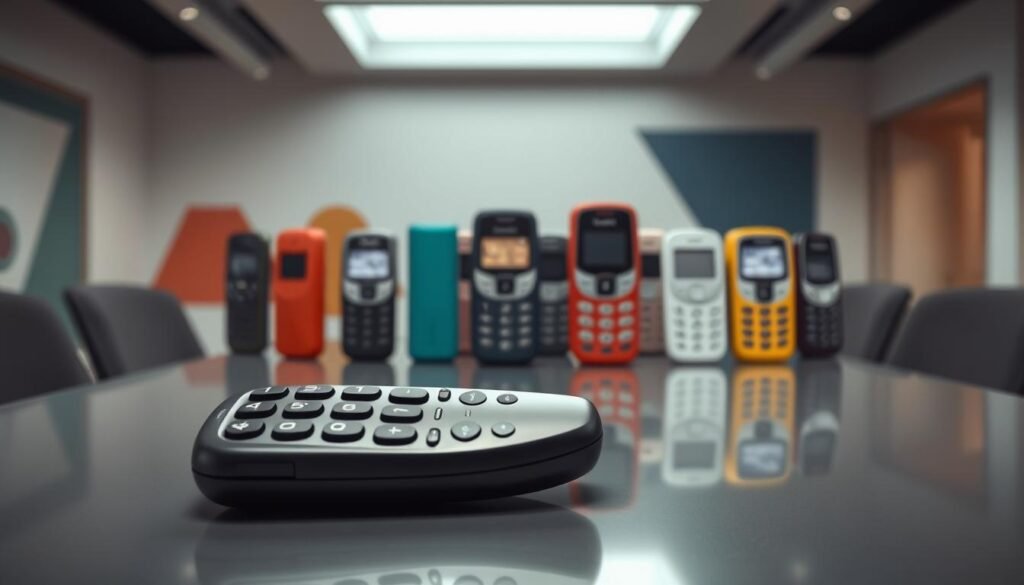 A nostalgic scene depicting the dominance of Nokia's button phones in the early 2000s, foreground featuring a classic Nokia 3310 with a polished finish, resting on a sleek, modern table. In the middle, a blurred array of colorful button phones from different angles, showcasing their unique designs and textures. The background is a soft-focus minimalist office environment with abstract geometric shapes in a harmonious color palette, creating a clean and professional atmosphere. Dramatic studio lighting emphasizes the phones' features, with a slight glow highlighting the buttons and screens. The overall mood is nostalgic yet futuristic, capturing the essence of early mobile technology innovation in an 8k resolution, promoting a sense of reverence for this iconic era.