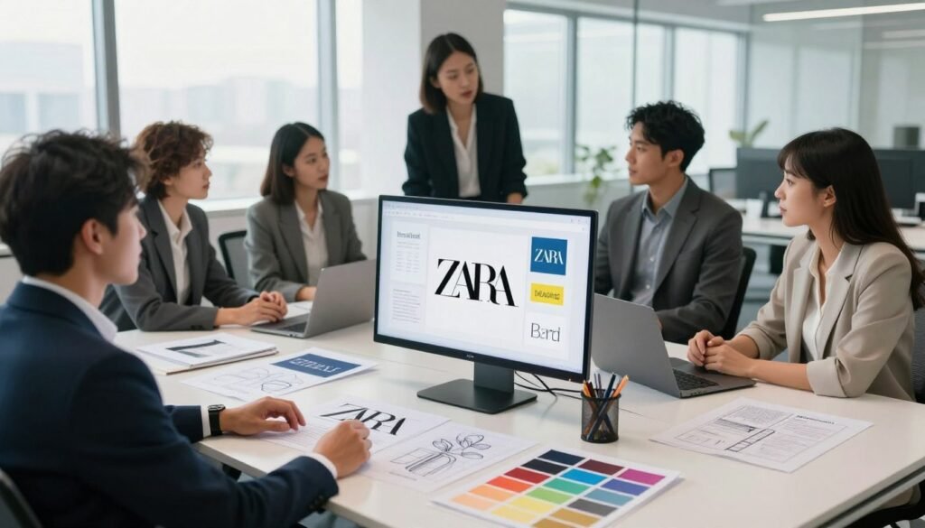 A photorealistic image of a modern office space dedicated to branding and marketing strategies, featuring a sleek, minimalist table with design sketches and vibrant color palettes scattered across it. In the foreground, a digital screen displays Zara's logo and marketing concepts, highlighting innovative branding techniques. The middle ground showcases a professional team in business attire, engaged in a strategic discussion, their expressions focused and collaborative. In the background, large windows bathe the room in natural light, creating a bright and inspiring atmosphere. The overall mood is one of creativity and professionalism, emphasizing the essence of brand identity and marketing in today's competitive landscape, evoking a sense of ambition and success.