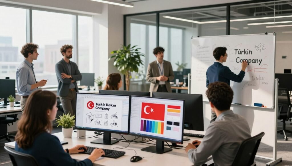 A photorealistic scene showcasing several Turkish company slogans in a modern office environment. In the foreground, a sleek desk with digital screens displaying vibrant branding sketches and color palettes. A group of professionals, dressed in smart business attire, are engaged in a brainstorming session, with one person writing slogans on a whiteboard. In the middle ground, large windows provide natural light, casting soft shadows, while potted plants add greenery. The background features an open workspace with collaborative areas and glass partitions. The atmosphere is dynamic and creative, emphasizing innovation and teamwork. The overall lighting is bright and inviting, creating an inspiring setting for brand development.
