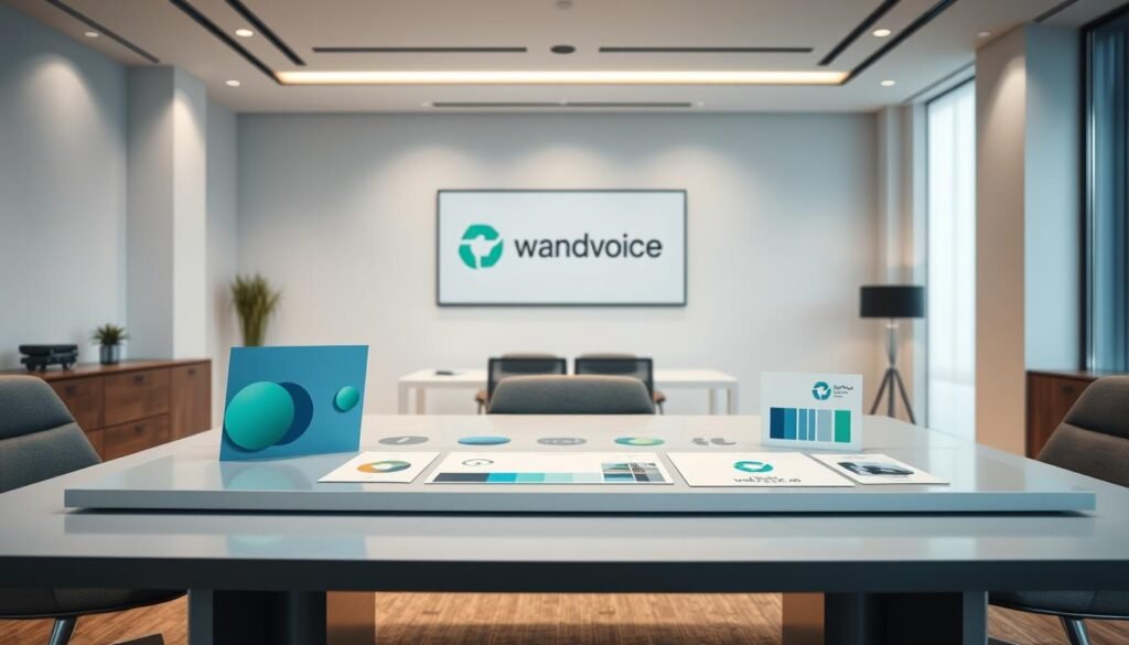 A professional and minimalist corporate brand identity scene, showcasing successful brand voice examples. In the foreground, elegant abstract geometric shapes in soft tones like blue, green, and gray represent distinct brand identities. In the middle ground, a sleek table displays visual elements such as logos and color palettes, artistically arranged to convey branding strategy. The background features a softly blurred conference room with a modern aesthetic, highlighted by gentle, natural lighting that creates a warm and inviting atmosphere. A wide-angle lens captures the overall composition, emphasizing unity and professionalism. The mood should evoke inspiration and clarity, illustrating how successful brands effectively communicate their voice through design.