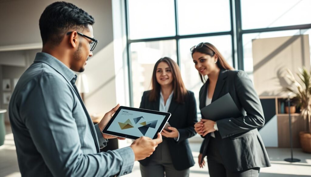 A professional and minimalist corporate brand identity scene, showcasing the concept of "Brand Ambassador Selection Criteria." In the foreground, a diverse group of three individuals dressed in formal business attire, engaged in discussion, with one pointing at a sleek tablet displaying abstract geometric shapes. The middle ground features a modern office space with a large window allowing natural light, casting soft shadows. The background has elements of branding such as muted color schemes and textures representing professionalism. The lighting is bright yet soft, creating an inviting atmosphere. The overall mood is focused and collaborative, emphasizing teamwork and strategy in the brand ambassador selection process.