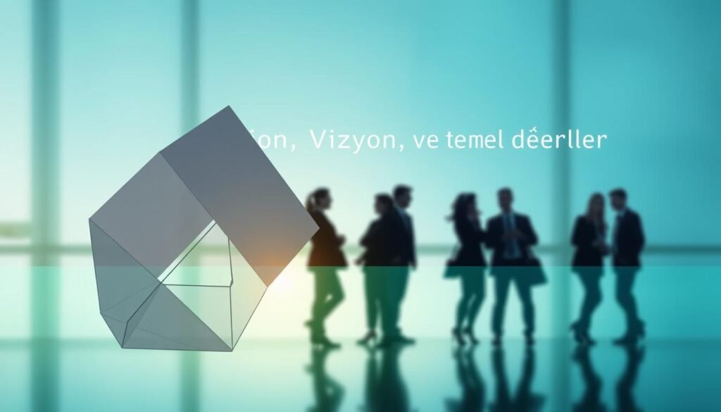 A professional corporate brand identity concept depicting "Misyon, Vizyon ve Temel Değerler." In the foreground, abstract geometric shapes representing goals and values are arranged harmoniously, crafted in a minimalist design with a sleek aesthetic. The middle layer features silhouettes of diverse professionals in business attire engaged in collaboration, symbolizing teamwork and shared vision. The background is softly blurred with a gradient of calming blues and greens, evoking a sense of growth and aspiration. Utilize soft, natural lighting to create an uplifting atmosphere, with a focus on clarity and professionalism. The image should have a sharp focus, evoking a sense of purpose and direction in branding and organizational ethos.