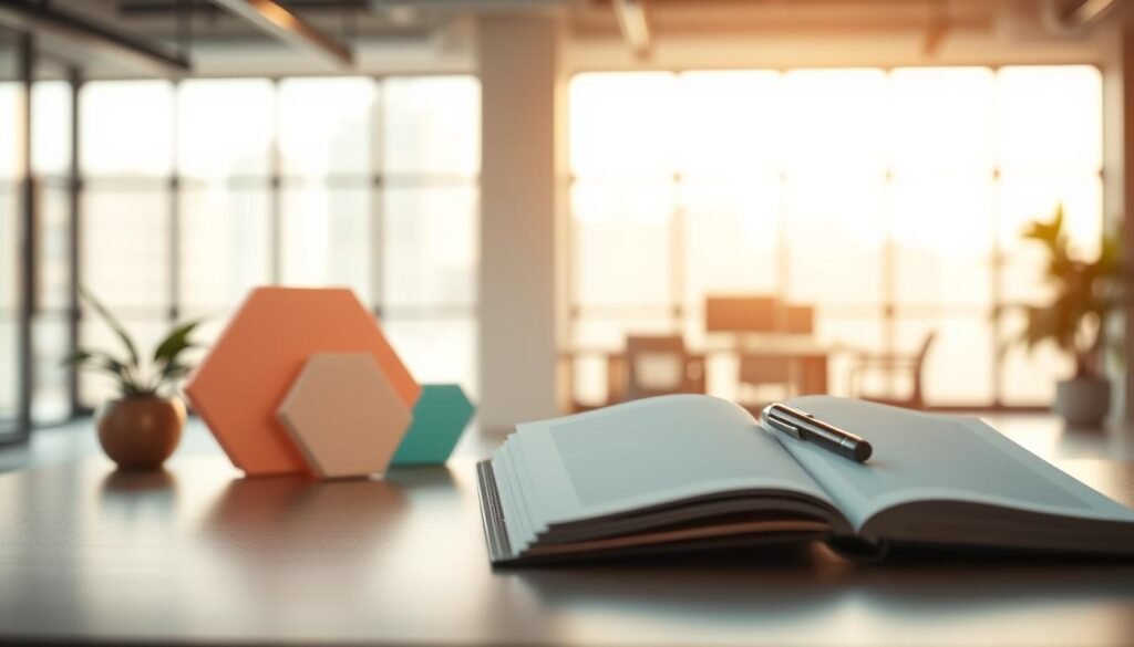 A professional corporate brand identity concept, featuring a minimalist design that captures the essence of crafting a brand manifesto. In the foreground, a sleek, modern workspace with an open notebook displaying blank pages and a stylish pen, symbolizing the writing process. The middle ground includes abstract geometric shapes in soft pastel tones, representing creativity and inspiration. In the background, a softly blurred office environment with warm natural light filtering through large windows, creating a calm and focused atmosphere. The overall mood is one of professionalism and innovation, encouraging reflection and thoughtful consideration in the brand manifesto writing process. High-quality details with a focus on depth of field to enhance visual interest.