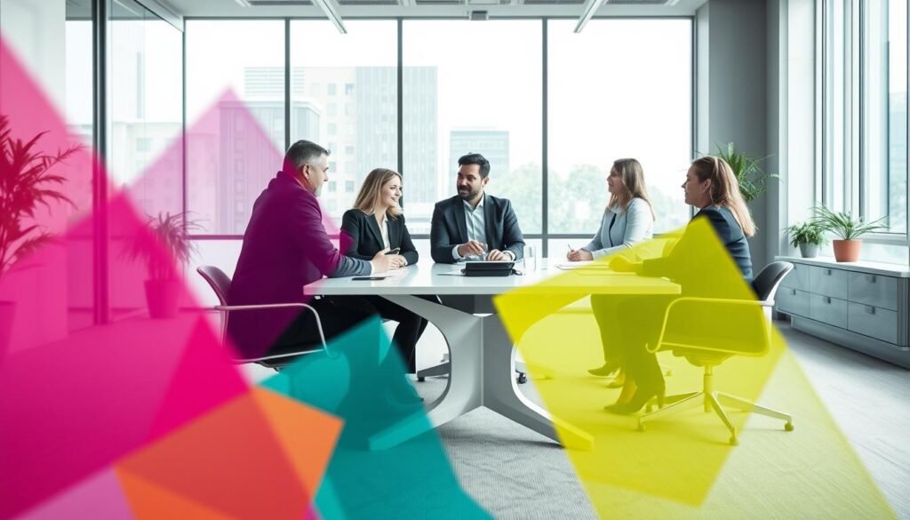 A professional corporate brand identity concept featuring a minimalist design. Foreground: abstract geometric shapes in vibrant colors, symbolizing creativity and strategy. Middle ground: a sleek conference table with modern design elements, surrounded by individuals in professional business attire engaging in a collaborative discussion. Background: a bright, airy office environment with large windows allowing natural light to flood the space, enhancing the sense of innovation and openness. The atmosphere is dynamic and inspiring, focusing on visual communication and design strategies. Use soft, diffused lighting to emphasize the contours of the shapes and the expressions of the participants, captured from a slightly elevated angle to provide an engaging perspective on the interaction.
