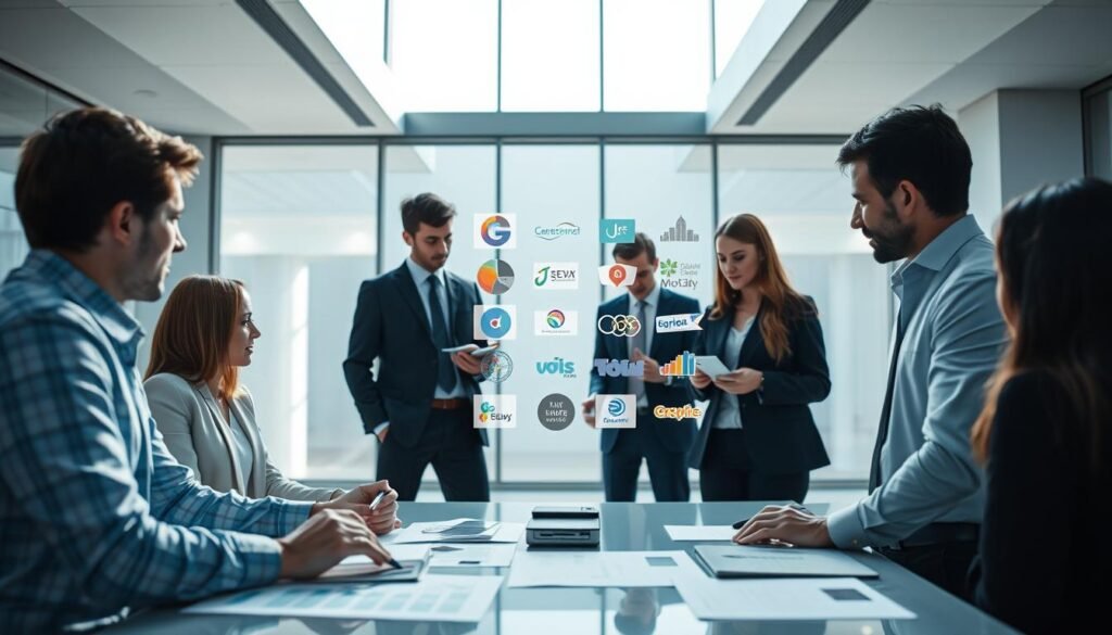 A professional corporate brand identity concept, focusing on customer perception and brand image. In the foreground, display a group of diverse professionals in business attire engaged in a dynamic brainstorming session, analyzing abstract geometric shapes and charts. In the middle, create a minimalist design showcasing various brand logos and imagery, highlighting differentiation and strategy. The background features a sleek, modern office environment with large windows letting in soft, natural light, casting gentle shadows throughout the space. The overall mood conveys innovation and collaboration, with a color palette of blues, greys, and whites to emphasize professionalism. Use a wide-angle perspective to capture the interaction and the dynamic elements of the scene.
