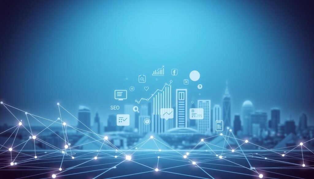 A professional corporate brand identity concept focusing on digital marketing and brand image. The foreground features a sleek, abstract geometric design made of interconnected lines and shapes symbolizing digital connectivity and growth. In the middle, elements such as stylized graphs and icons represent various digital marketing strategies, including social media, SEO, and analytics. The background showcases a minimalist city skyline, suggesting a modern business environment. Soft, cool lighting enhances the professional atmosphere, creating a sense of innovation and clarity. The overall mood is forward-looking and optimistic, reflecting the impact of digital marketing on brand perception. The composition is well-balanced, emphasizing the relationship between digital strategies and brand value without any text or human figures.