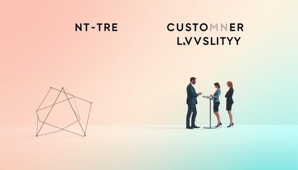 A professional corporate brand identity concept illustrating long-term customer loyalty strategies. In the foreground, display abstract geometric shapes symbolizing connection and trust in a sleek, minimalist design. The middle ground features stylized figures in professional business attire, engaging in discussions and exchanging ideas, representing collaboration and partnership. The background is a soft gradient of calming colors, evoking an atmosphere of stability and growth, with subtle patterns that hint at progress and future-focused thinking. Utilize soft, natural lighting to enhance the professional tone and use a wide-angle lens effect to create a sense of depth and inclusivity. The overall mood is optimistic and forward-thinking, conveying the essence of transforming customers into loyal brand advocates.