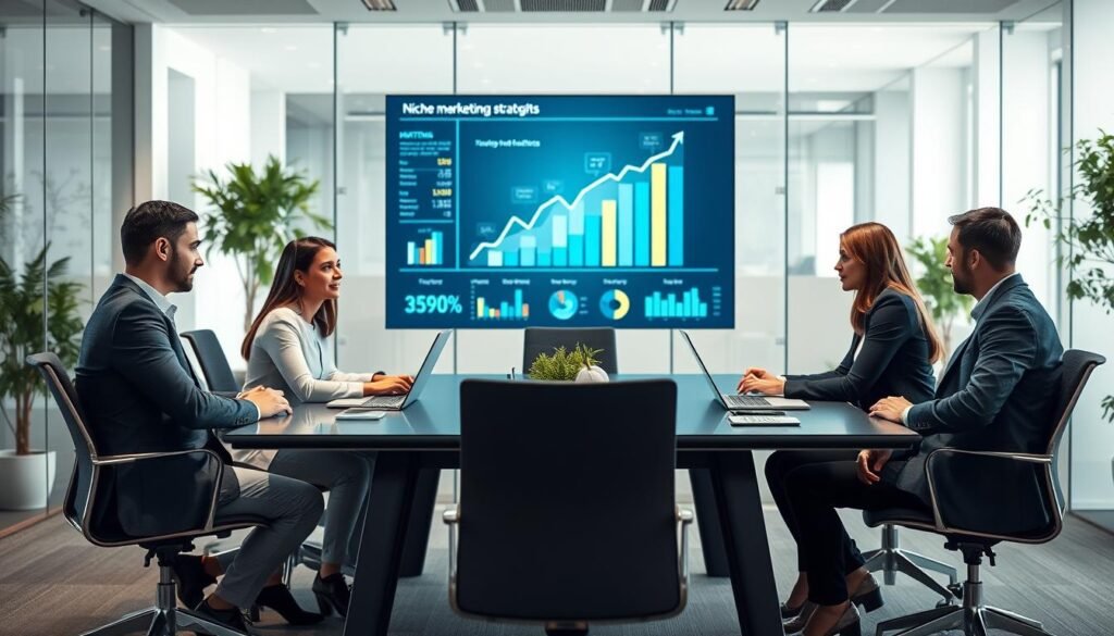 A professional corporate brand identity scene depicting "strategy implementation measurement" in a modern office environment. In the foreground, a diverse group of four business professionals, dressed in smart casual attire, are engaged in a discussion around a sleek conference table with laptops and charts. The middle ground showcases an abstract geometric display of growth metrics and data analytics visualizations on a digital screen, emphasizing strategic insights. The background features a minimalist office setting with glass walls and greenery, creating an inviting atmosphere. Soft, diffused lighting enhances the professionalism of the scene, while a slightly elevated angle provides a dynamic view of the collaborative effort. The overall mood is focused and innovative, reflecting the essence of niche marketing strategies in action.