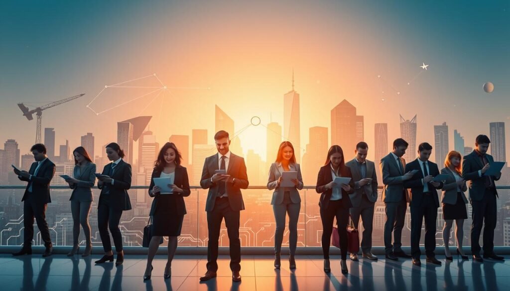 A professional corporate branding concept illustrating personal branding in the digital age. In the foreground, a diverse group of individuals dressed in business attire, each engaged with digital devices like laptops and smartphones, demonstrating active online presence. The middle ground features abstract geometric shapes and minimalist design elements that symbolize creativity and innovation. In the background, a stylized cityscape infused with digital elements like circuit patterns, representing a vibrant digital world. Soft, ambient lighting casts a warm glow, creating an inviting yet professional atmosphere. The scene conveys a sense of empowerment and connection, highlighting the significance of building a personal brand in today's online environment.