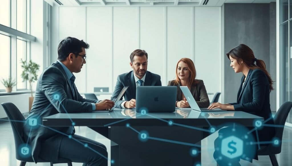 A professional corporate environment illustrating effective communication strategies during digital crises. In the foreground, a diverse group of business professionals (two men and two women) in formal business attire, engaged in a strategic discussion around a large table with laptops and digital devices. The middle ground features abstract geometric shapes representing data flow and social media networks, hinting at digital communication channels. In the background, a minimalist office setting with large windows letting in soft, natural light, creating a calm atmosphere. The color palette includes shades of blue and gray, symbolizing trust and professionalism. The overall mood is focused and dynamic, showcasing collaboration and strategic planning amidst challenges in the digital landscape.