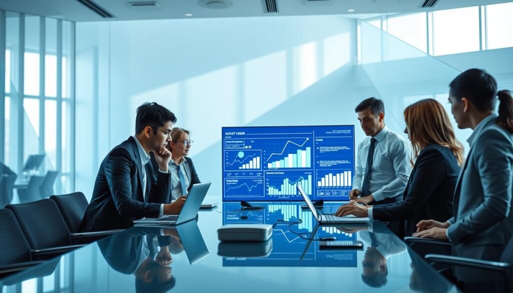 A professional corporate scene depicting media and social media management. In the foreground, a diverse group of business professionals in smart attire, intensely discussing strategies around a sleek conference table with laptops and digital devices. In the middle ground, a large screen displaying analytical graphs and social media metrics, illuminated by soft LED lighting. The background features a modern office environment with abstract geometric shapes that convey a sense of digital connection and organization. Natural light streams in from large windows, creating an atmosphere of collaboration and innovation. The overall color palette is minimalist with blue and white tones, invoking a sense of calm professionalism and focus.