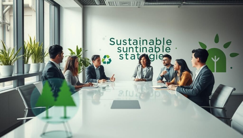 A professional corporate scene showcasing green marketing strategies, featuring a modern office environment. In the foreground, a group of diverse individuals, dressed in professional business attire, engaged in a brainstorming session around a sleek conference table. They're surrounded by abstract geometric shapes representing sustainability concepts, such as trees and recycling symbols, subtly integrated into the design. The middle ground includes large windows allowing natural light to flood the room, highlighting green plants on window sills, emphasizing the eco-friendly theme. In the background, an inspirational wall mural displaying eco-conscious imagery and the words “Sustainable Strategies” in a minimalist style. The mood is collaborative and innovative, captured with soft lighting and a slightly elevated angle for a dynamic perspective.