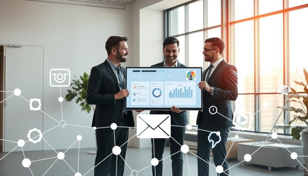 A professional corporate setting illustrating "Digital Marketing Tool Integration." In the foreground, depict modern, abstract geometric shapes representing various digital marketing tools like social media icons, analytics graphs, and email symbols, all interconnected with sleek lines. In the middle ground, a group of three professionals, two men and one woman, dressed in business attire, animatedly discussing a digital marketing strategy over a large screen displaying data visualizations. The background features a minimalist office environment with large windows allowing natural light, casting a soft glow on the scene. The overall mood is collaborative and innovative, embodying the concept of effective partnerships in digital marketing. The image should evoke a sense of professionalism and modernity, emphasizing teamwork and strategic planning.