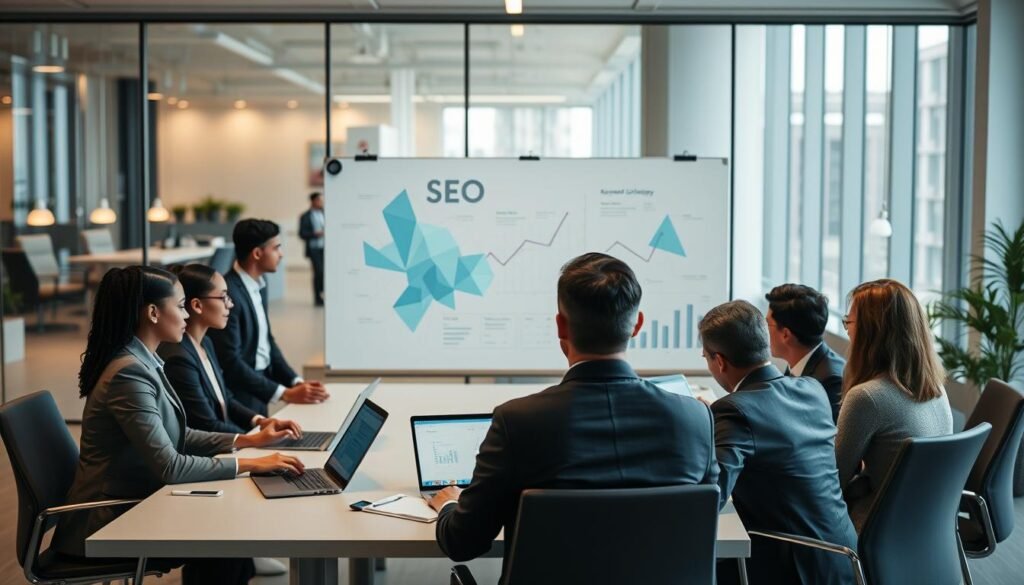 A professional corporate setting illustrating "SEO and Keyword Optimization." In the foreground, a diverse group of business professionals in smart casual attire are collaborating around a sleek conference table with laptops and digital devices displaying graphs and analytics. The middle layer features a whiteboard filled with abstract geometric shapes, representing data visualization and keyword strategy, colored in soft blues and greens. The background showcases a modern office environment with large windows allowing natural light to stream in, adding a warm and inviting atmosphere. The mood is focused yet creative, emphasizing collaboration and innovative thinking in digital marketing strategies.
