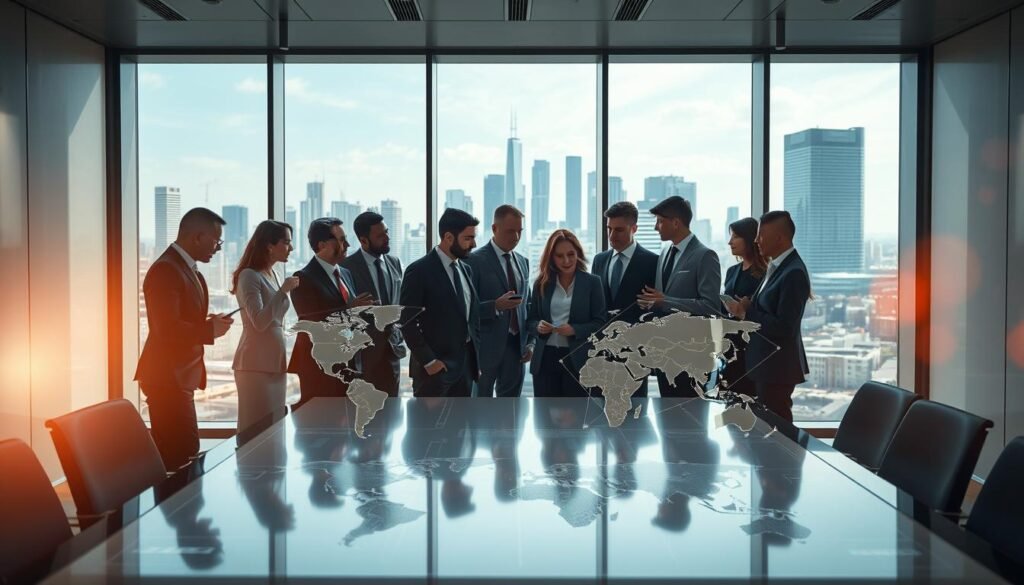 A professional corporate setting illustrating the competition advantage in global and local markets. In the foreground, a diverse group of businesspeople in professional attire, actively discussing around a sleek conference table filled with digital maps and graphs. The middle ground features abstract geometric shapes symbolizing different markets, positioned strategically to represent global and local dynamics. In the background, large windows offer a panoramic city skyline, reflecting innovation and opportunity. Soft, natural lighting enhances the atmosphere of collaboration and ambition. The overall mood is dynamic and forward-thinking, emphasizing the balance between local nuances and global strategies. The composition captures the essence of building a brand identity in a competitive landscape.