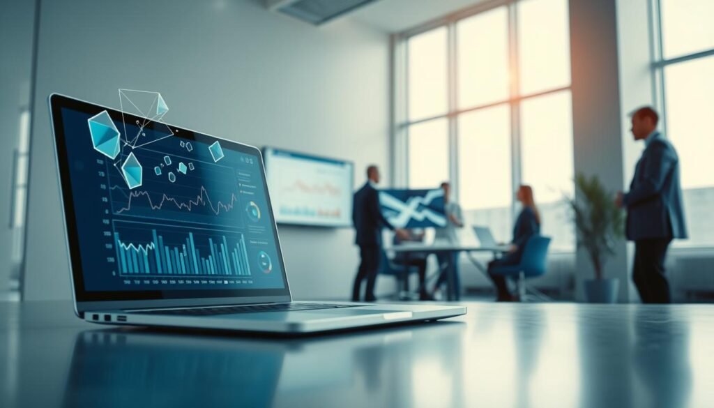A professional corporate workspace showcasing digital monitoring tools for brand reputation management. In the foreground, a sleek laptop displays real-time analytics and graphs, surrounded by abstract geometric shapes representing data flow. The middle ground features a modern office setting with a small team of professionals in business attire, engaged in a discussion around a large screen displaying online metrics. The background comprises a minimalist design with large windows, letting in soft, natural light that creates a calm and focused atmosphere. The color palette is cool and professional, with blues, grays, and whites, evoking a sense of trust and reliability. The image captures a feeling of innovation and strategic oversight in the realm of digital tracking.