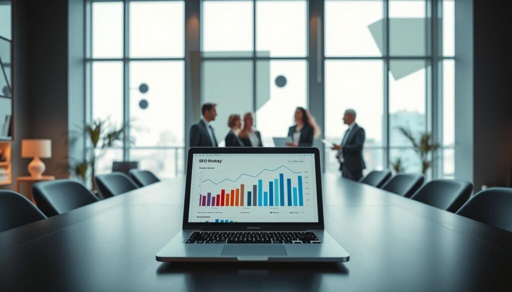 A professional corporate workspace with a digital marketing theme, featuring a sleek conference table in the foreground with an open laptop displaying SEO strategy graphs and charts. In the middle ground, a diverse team of business professionals in business attire discussing and brainstorming over digital marketing strategies, surrounded by minimalist design elements and abstract geometric shapes. The background shows a modern office with large windows allowing natural light to flood in, creating a bright and inspiring atmosphere. The overall mood conveys collaboration and innovation in niche marketing and digital strategy. The image has a high-quality, polished look, emphasizing the importance of effective digital marketing and SEO strategies.