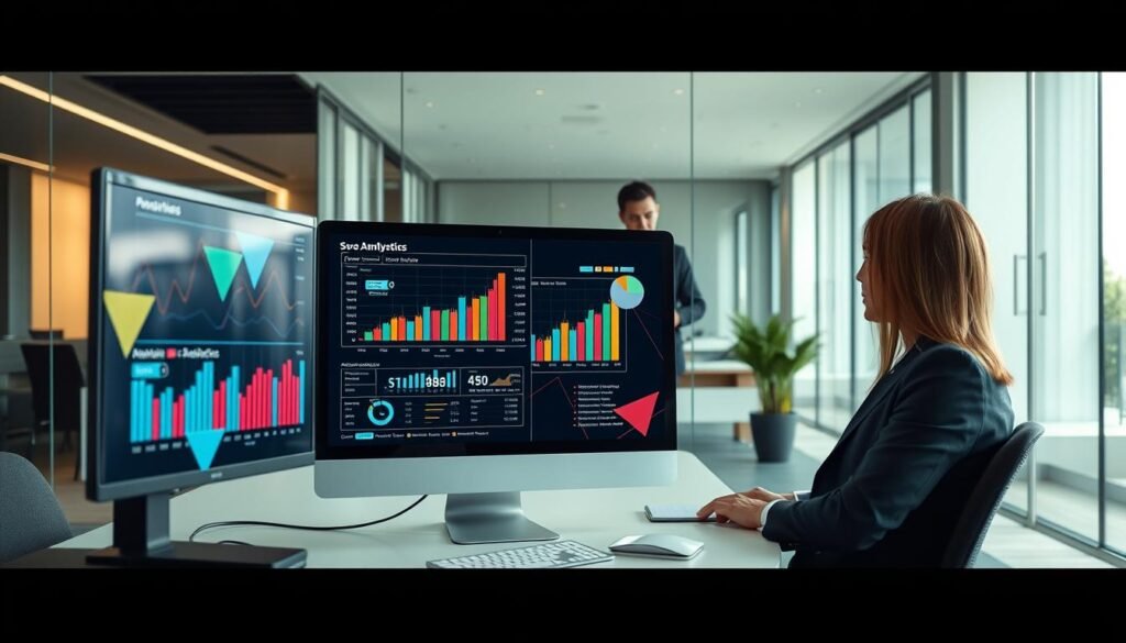 A professional digital performance analysis setting, showcasing a sleek, minimalist office environment. In the foreground, a computer screen displays vibrant graphs and analytics related to SEO and web traffic, surrounded by abstract geometric shapes symbolizing data flow. In the middle, a business professional in smart attire analyzes the data, focusing intently on the screen. The background features a modern office with glass walls and soft lighting, creating a calm and focused atmosphere. Natural light streams in, enhancing the professional mood. Use a wide-angle lens to capture the depth of the scene, emphasizing the blend of technology and business strategy in digital performance analysis.