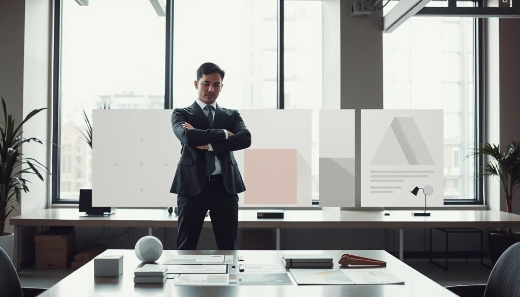 A professional office environment illustrates personal branding strategies. In the foreground, a confident individual in smart business attire stands with arms crossed, exuding self-assurance, while studying various geometric shapes and branding materials spread out on a sleek table. The middle layer includes abstract geometric shapes and minimalist brand identity visuals in soft, muted colors, symbolizing creativity and strategy. The background features a modern workspace with large windows, allowing natural light to filter in, creating an inviting and dynamic atmosphere. The overall mood conveys professionalism, innovation, and potential for success in personal branding. The lighting is bright but soft, capturing an optimistic and motivating essence, with a focus on the individual as the central figure in their journey towards branding success.