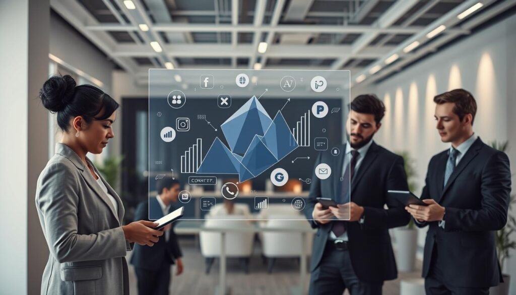 A professional office environment setting with a focus on content marketing and SEO elements. In the foreground, a diverse group of three business professionals—a woman and two men—dressed in smart business attire, actively discussing strategies while using digital devices. The middle layer features a large, transparent glass screen displaying abstract geometric shapes representing data analytics and marketing metrics, surrounded by floating icons of social media platforms and search engines. In the background, a sleek, modern office space with minimalist design, subtle lighting casting soft shadows, and a hint of greenery for a fresh atmosphere. The overall mood conveys innovation and collaboration, emphasizing brand awareness through modern marketing techniques.